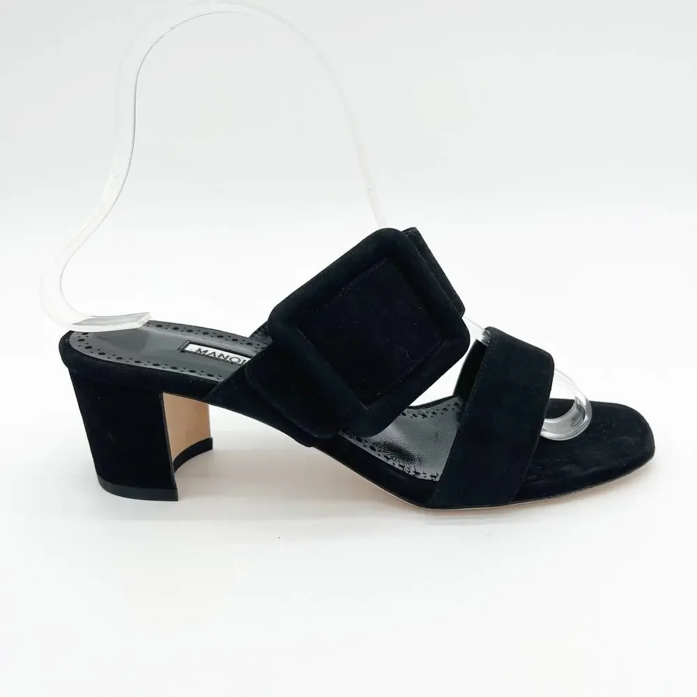 Manolo Blahnik Titubanew Black Suede Open Toe Buckle Mule Sandals Heels IT 36.5